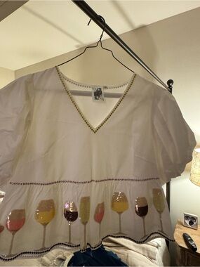 Queen of Sparkles White Sequin Wine Glass Embroidered Peasant Top